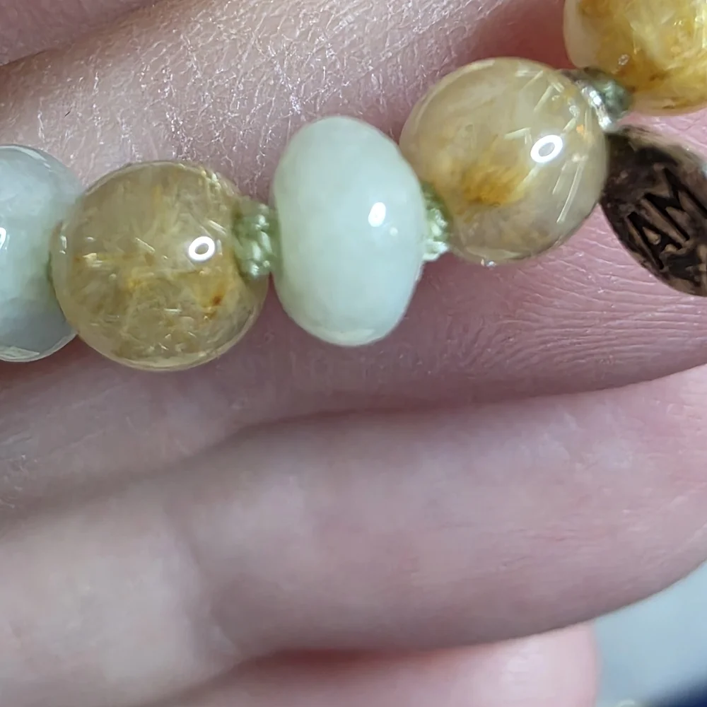 Golden Rutilated Quartz & Jade Tassel Necklace Hand Knotted 672